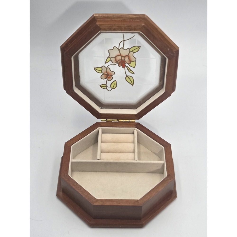Vintage Wooden Jewelry Box With Flowers On Glass 6.5 in Octagon Lid. - Picture 4 of 10